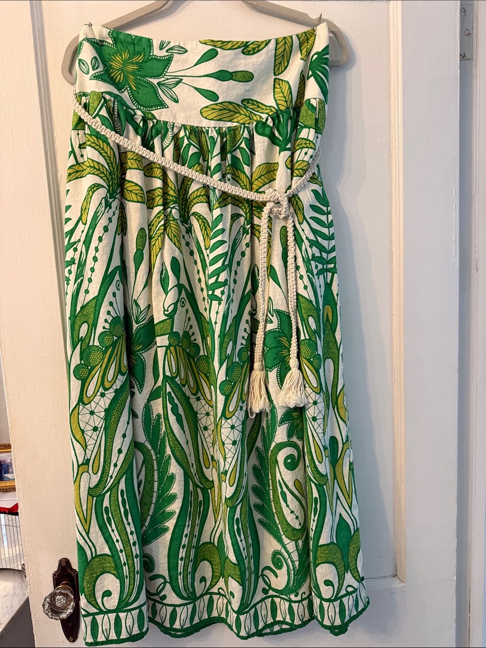 Rachel Zoe White Sundress with Green Leaf Print and Tassel Waist